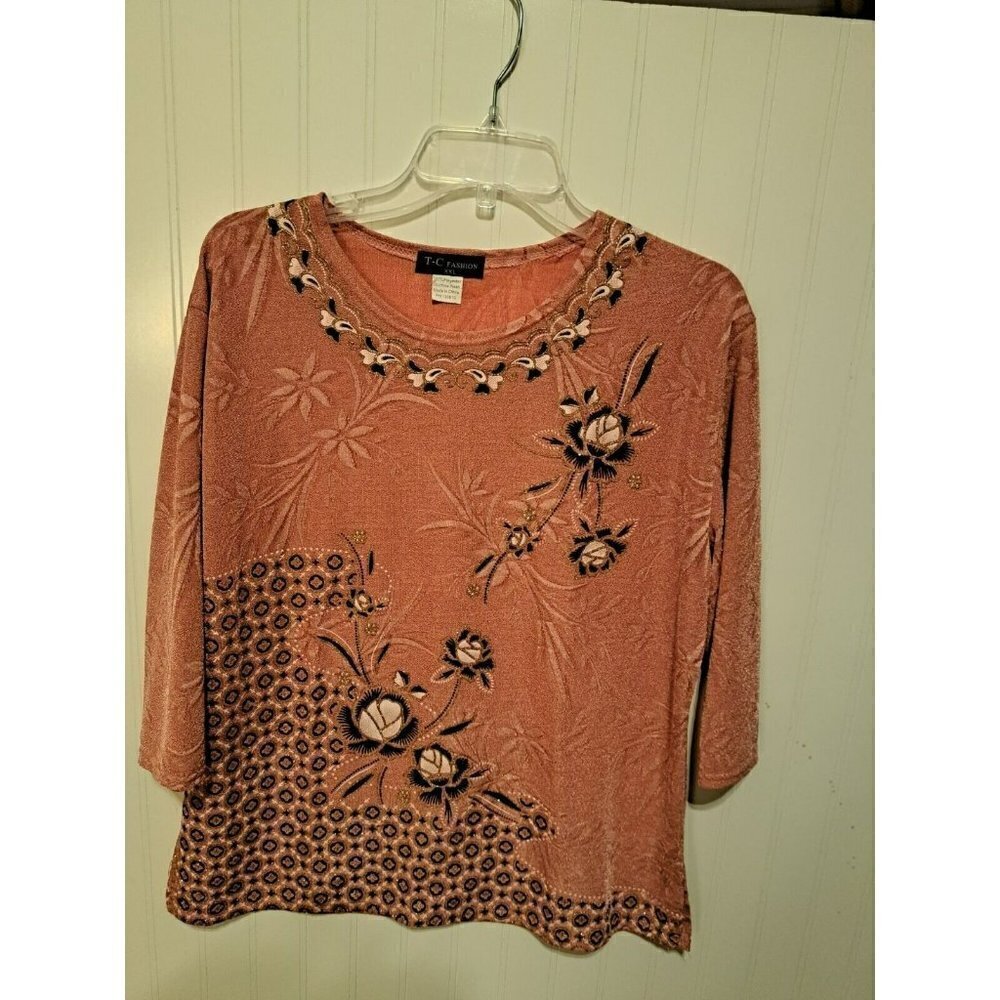 T-C Fashion women's size XXL blouse‎ multicolor print v-neck 3/4 sleeves glitter